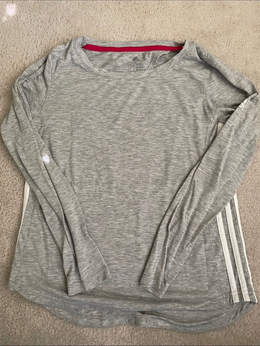 adidas Women’s Long-Sleeve Heather Gray Top with White Stripes and Pink Trim